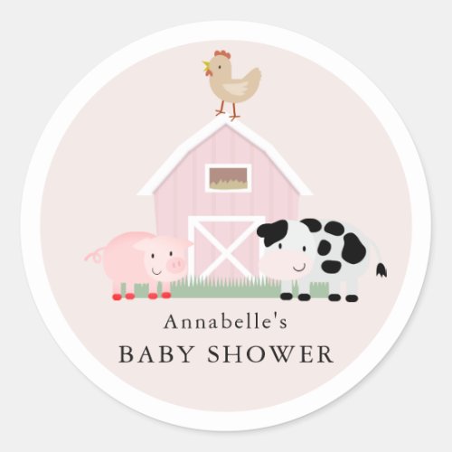 Farm Animals Barnyard Pink Girl Baby Shower Classic Round Sticker