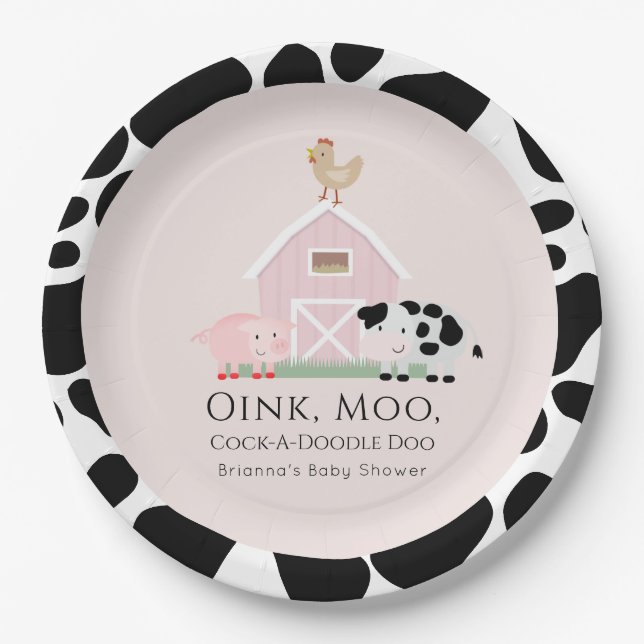 Farm Animals Barnyard Pink Girl Baby Shower Paper Plates (Front)