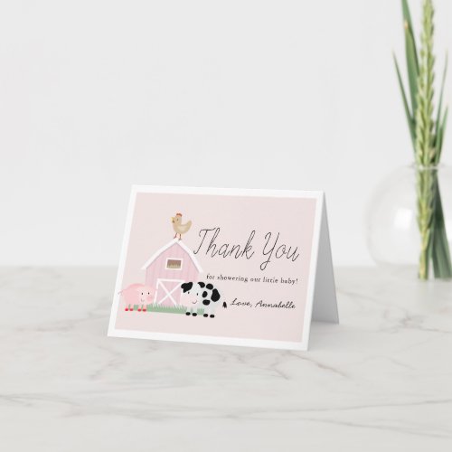 Farm Animals Barnyard Pink Girl Baby Shower Thank You Card