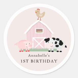 Farm Animals Barnyard Pink Girl Birthday Classic Round Sticker