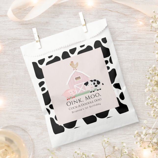 Farm Animals Barnyard Pink Girl Birthday Favor Bag (Clipped)