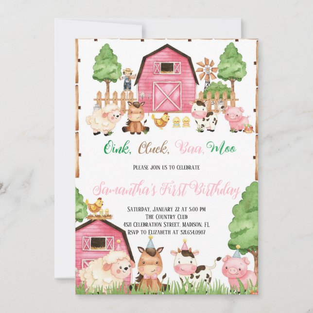 Farm Animals Barnyard Pink Girl Birthday Party Invitation (Front)
