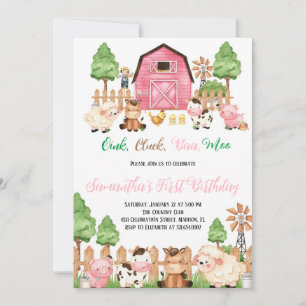 Farm Animals Barnyard Pink Girl Birthday Party Invitation