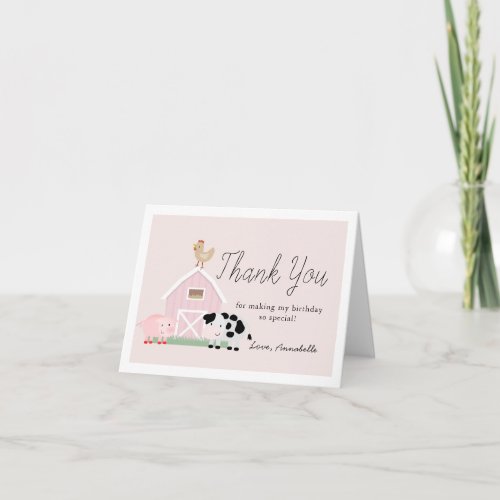 Farm Animals Barnyard Pink Girl Birthday Thank You Card