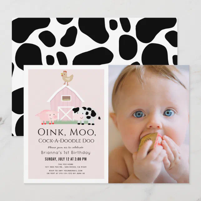 Farm Animals Barnyard Pink Girl Photo 1st Birthday Invitation | Zazzle