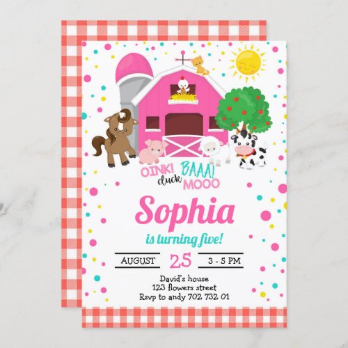 Farm Animals Barnyard Pink Plaid Girl Birthday Invitation