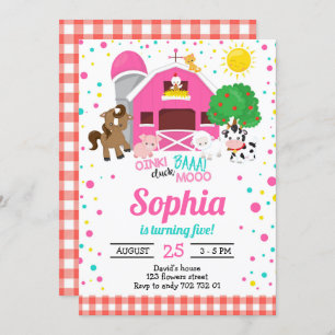 Farm Animals Barnyard Pink Plaid Girl Birthday Invitation