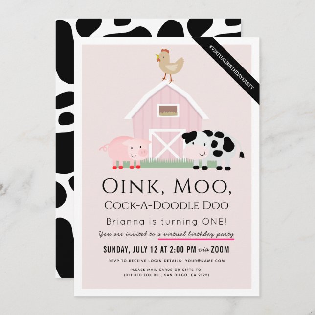Farm Animals Barnyard Pink Virtual 1st Birthday Invitation (Front/Back)