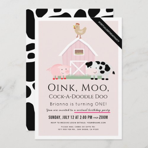 Farm Animals Barnyard Pink Virtual 1st Birthday Invitation