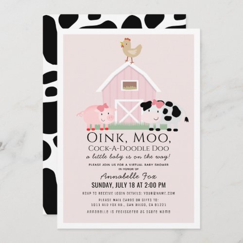 Farm Animals Barnyard Pink Virtual Baby Shower Invitation