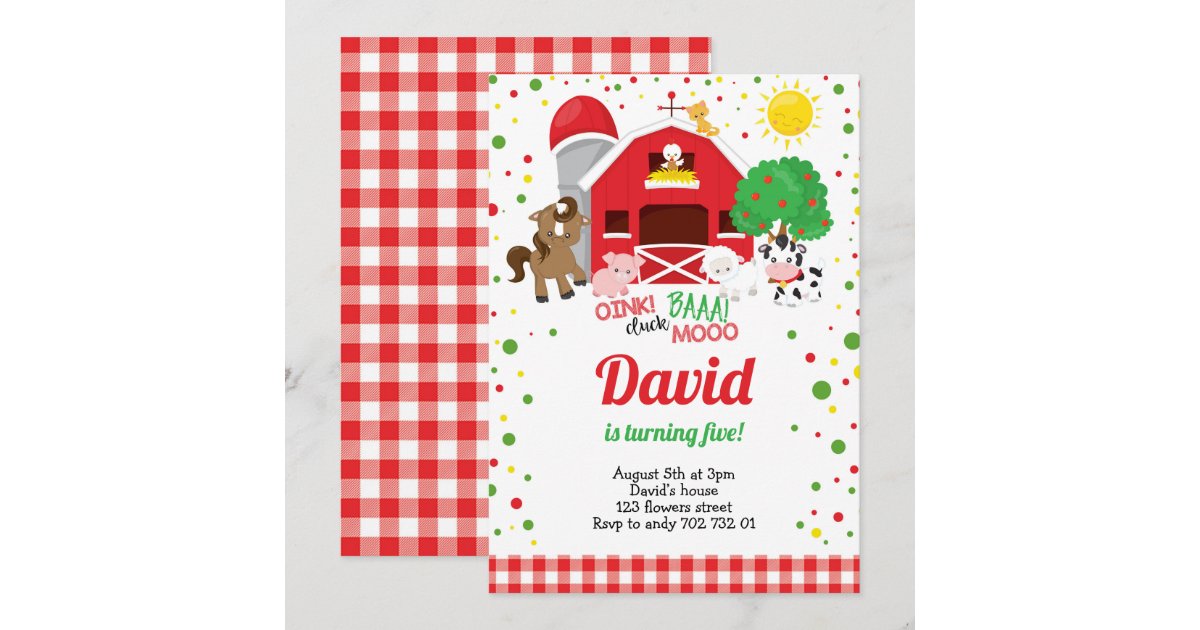 Farm Animals Barnyard Plaid Boy Birthday Invitation | Zazzle