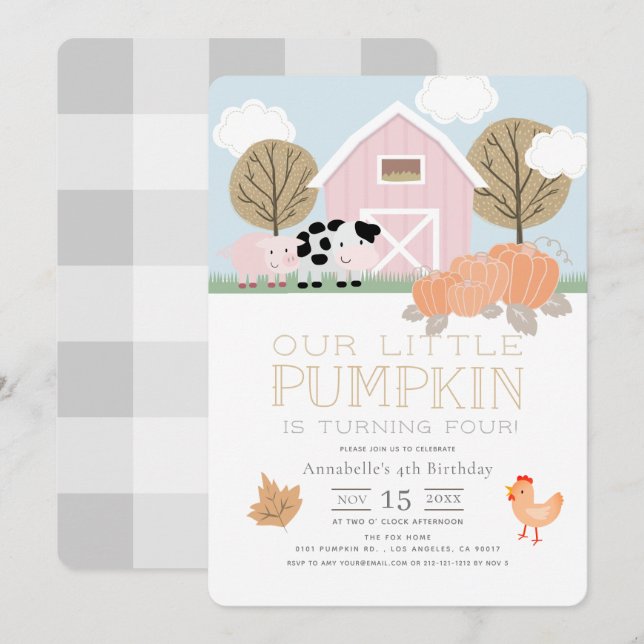 Farm Animals Barnyard Pumpkin Patch Birthday Invitation (Front/Back)