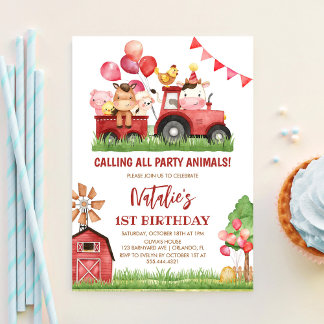 Farm Animals, Barnyard, Ranch Girls 1st Birthday Invitation