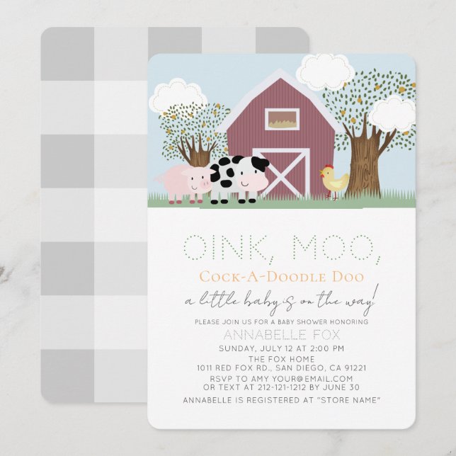 Farm Animals Barnyard Red Barn Baby Shower Invitation (Front/Back)