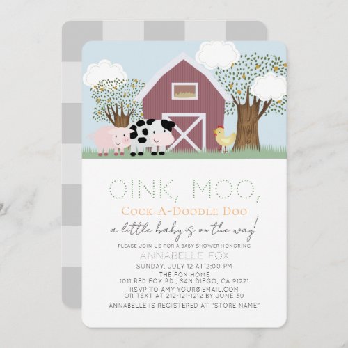 Farm Animals Barnyard Red Barn Baby Shower Invitation