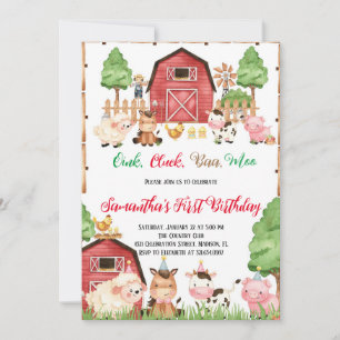 Farm Animals Barnyard Red Boy Birthday Party Invitation