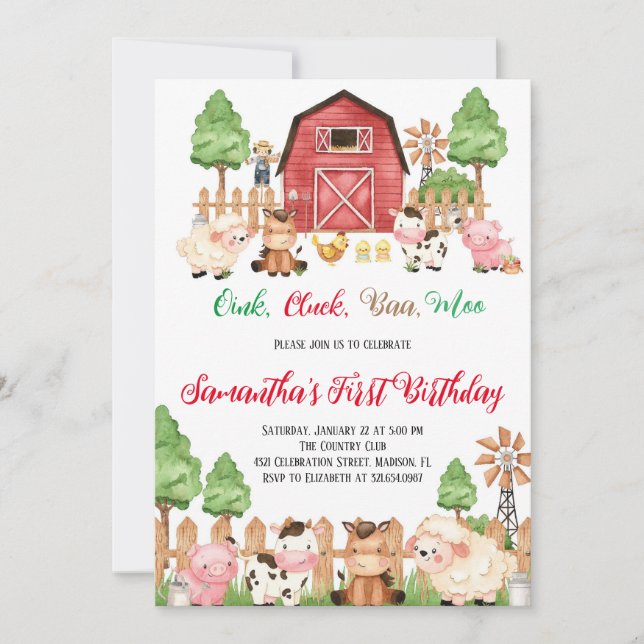 Farm Animals Barnyard Red Boy Birthday Party Invitation (Front)