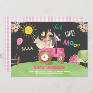 Farm Animals Barnyard Tractor Pink Farmhouse Party Invitation