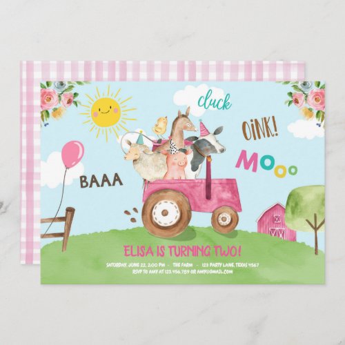 Farm Animals Barnyard Tractor Pink Farmhouse Party Invitation