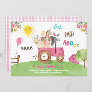 Farm Animals Barnyard Tractor Pink Farmhouse Party Invitation
