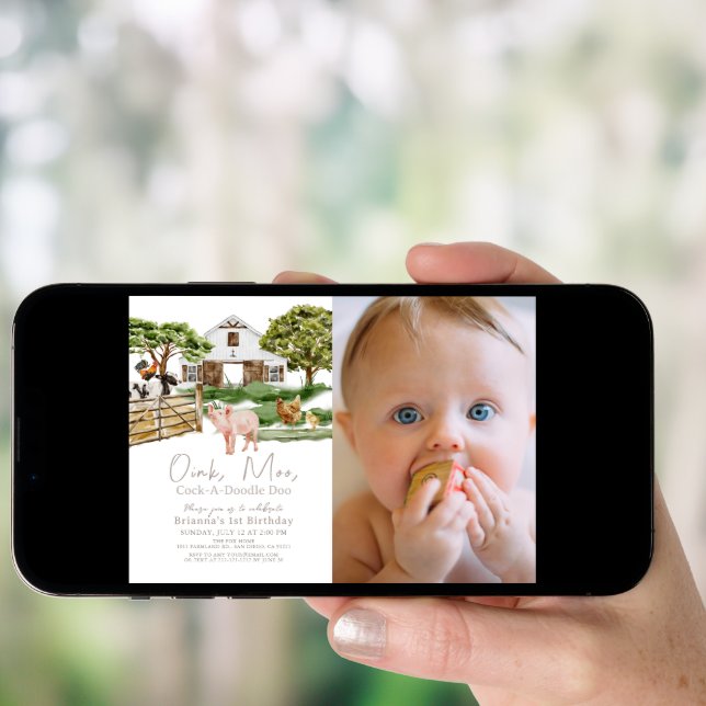 Farm Animals Barnyard W/C Photo 1st Birthday Invitation (Front Digital)