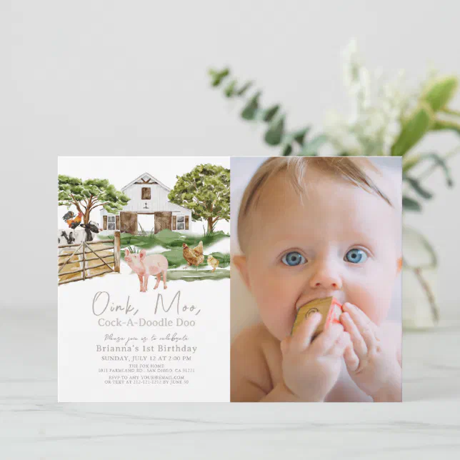 Farm Animals Barnyard W/C Photo 1st Birthday Invitation | Zazzle