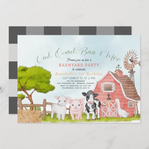 Farm Animals Barnyard Watercolor 1st Birthday Invitation 