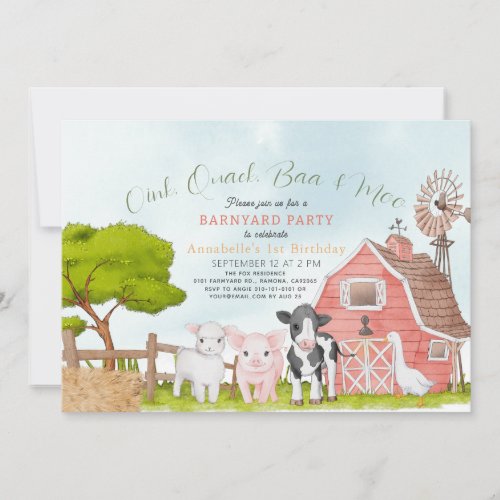 Farm Animals Barnyard Watercolor 1st Birthday Invitation