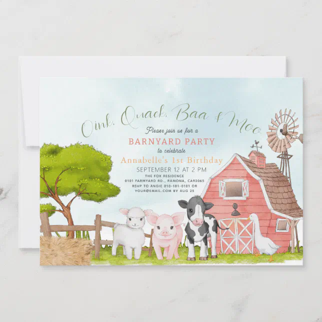 Farm Animals Barnyard Watercolor 1st Birthday Invitation | Zazzle