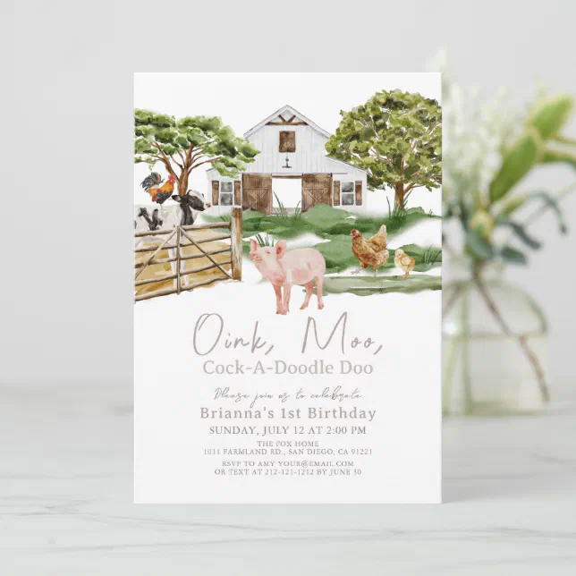 Farm Animals Barnyard Watercolor 1st Birthday Invitation | Zazzle