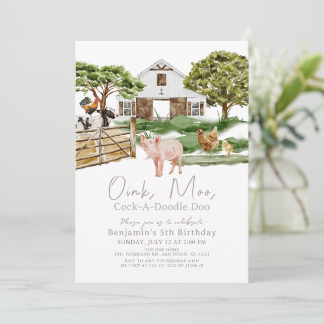 Farm Animals Barnyard Watercolor Kids Birthday Invitation (Standing Front)
