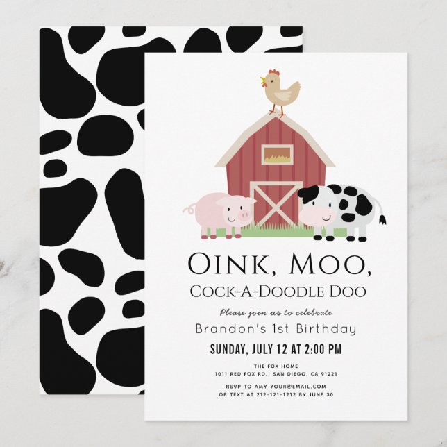 Farm Animals Barnyard White 1st Birthday Invitation (Front/Back)