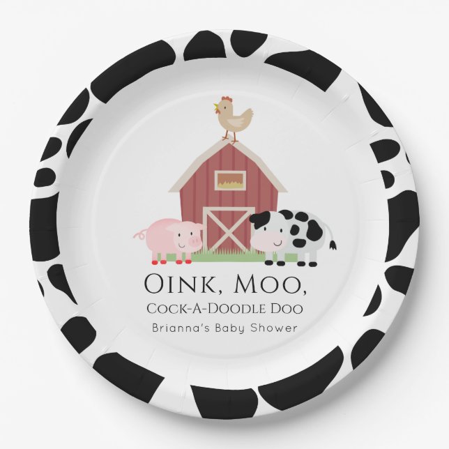 Farm Animals Barnyard White Baby Shower Paper Plates (Front)