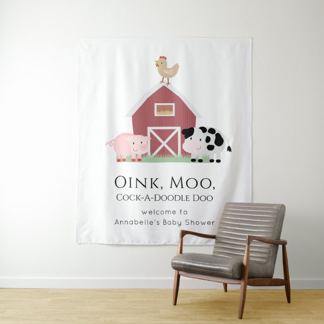 Farm Animals Barnyard White Baby Shower Welcome Tapestry (In Situ)