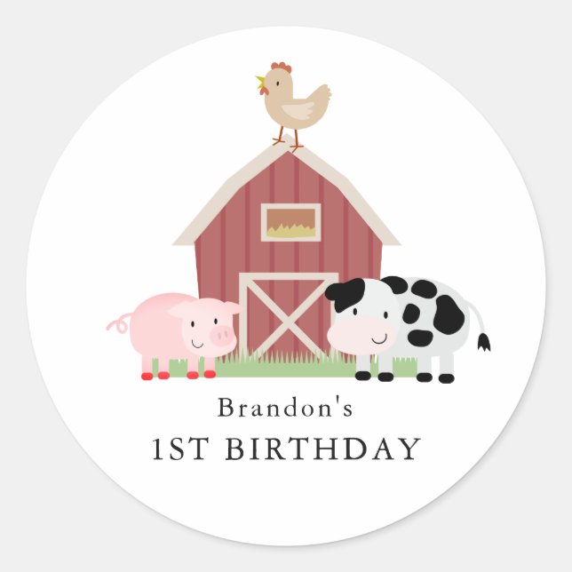 Farm Animals Barnyard White Birthday Classic Round Sticker (Front)