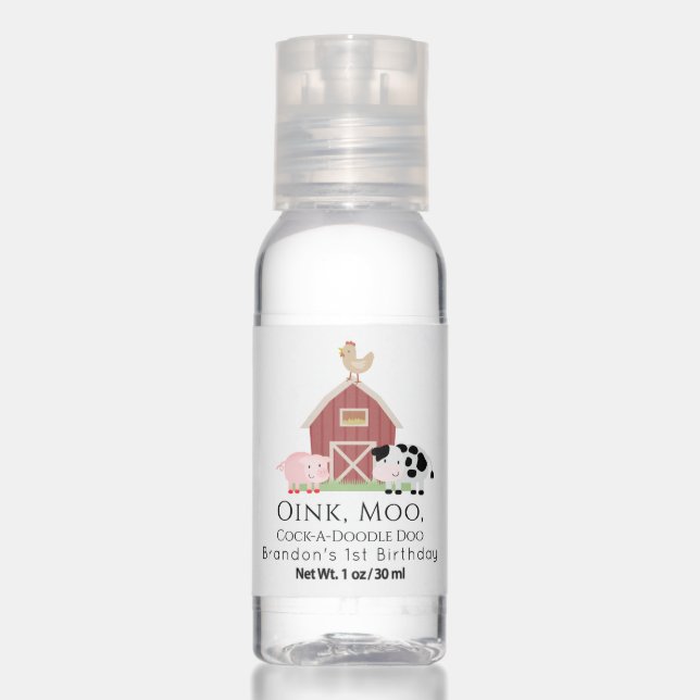 Farm Animals Barnyard White Birthday Hand Sanitizer (Front)