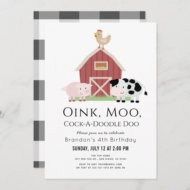 Farm Animals Barnyard White Birthday Invitation (Front/Back)
