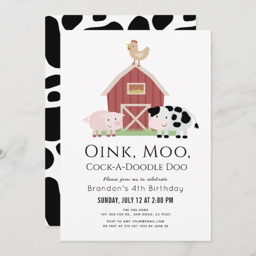 Farm Animals Barnyard White Birthday Invitation