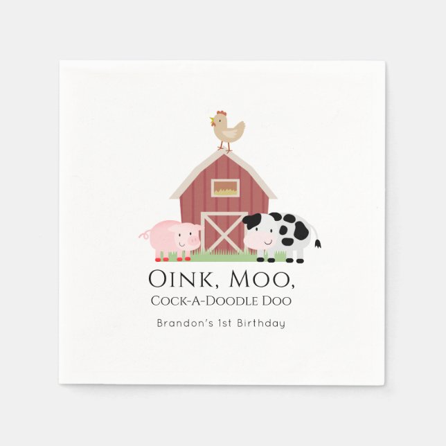 Farm Animals Barnyard White Birthday Paper Napkins (Front)