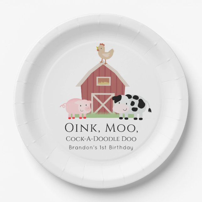 Farm Animals Barnyard White Birthday Paper Plates (Front)