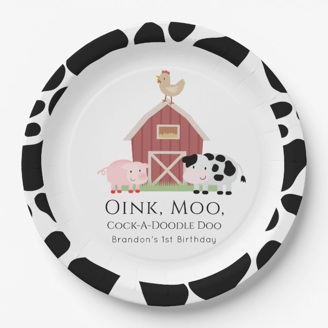 Farm Animals Barnyard White Birthday Paper Plates (Front)
