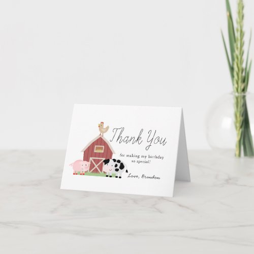 Farm Animals Barnyard White Birthday Thank You Card