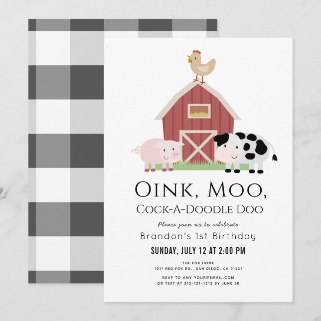 Farm Animals Barnyard White Gingham 1st Birthday Invitation (Front/Back)