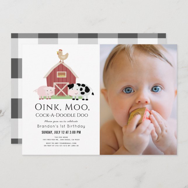Farm Animals Barnyard White Photo 1st Birthday Inv Invitation (Front/Back)