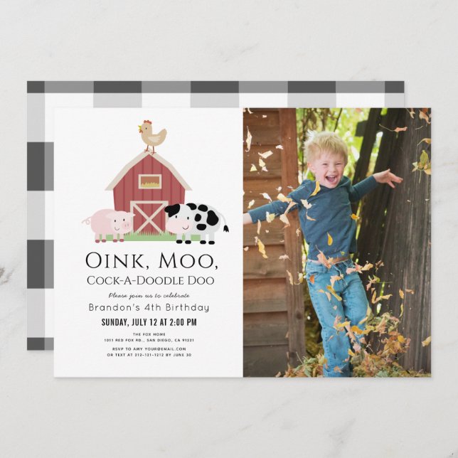 Farm Animals Barnyard White Photo Birthday Invitat Invitation (Front/Back)