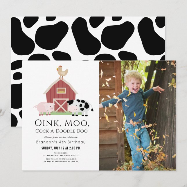 Farm Animals Barnyard White Photo Birthday Invitation (Front/Back)