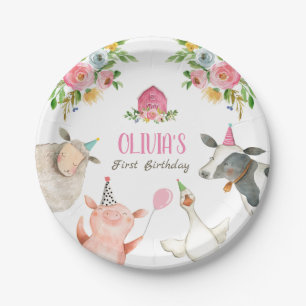 Farm Animals Barnyard Zoo Party Girl Pink Birthday Paper Plates