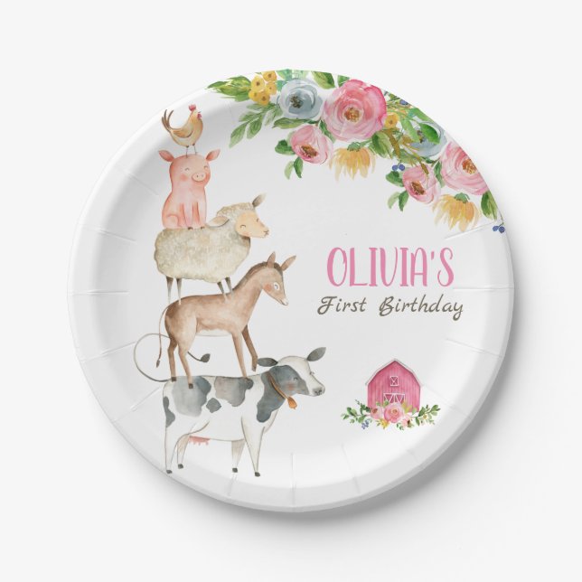 Farm Animals Barnyard Zoo Party Girl Pink Birthday Paper Plates (Front)