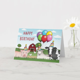 Farm Animals Birthday Balloons And Hats Barnyard Card