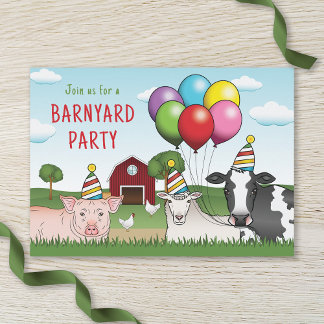 Farm Animals Birthday Balloons And Hats Barnyard Invitation